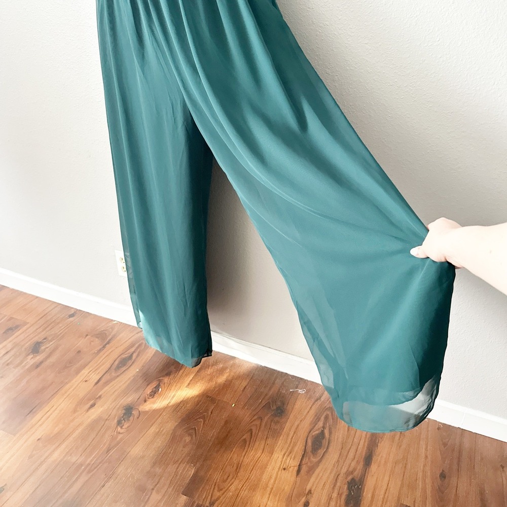 Azazie Lamara Pine‎ Green Chiffon Convertible Wide Leg Jumpsuit Size A16 - Picture 3 of 16